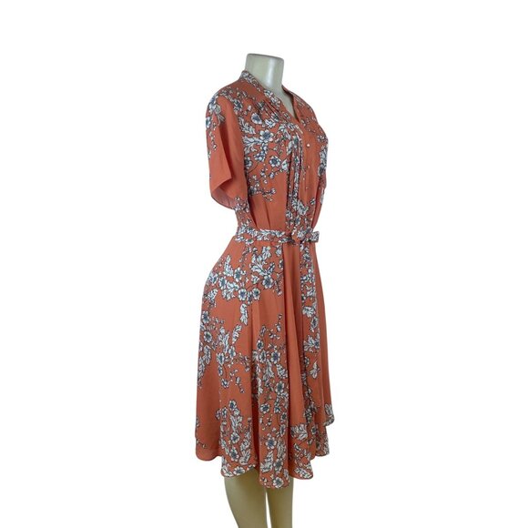 Nanette Floral Rust Short Sleeve Tie Waist Button Front Women's Dress Sz 12 - Picture 2 of 8